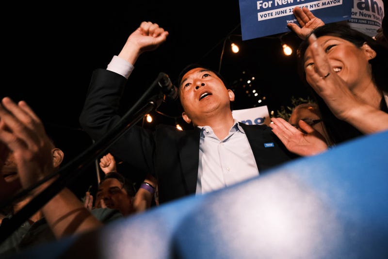 NYC Mayoral candidate Andrew Yang greets supporters as he concedes his campaign on June 22, 2021.