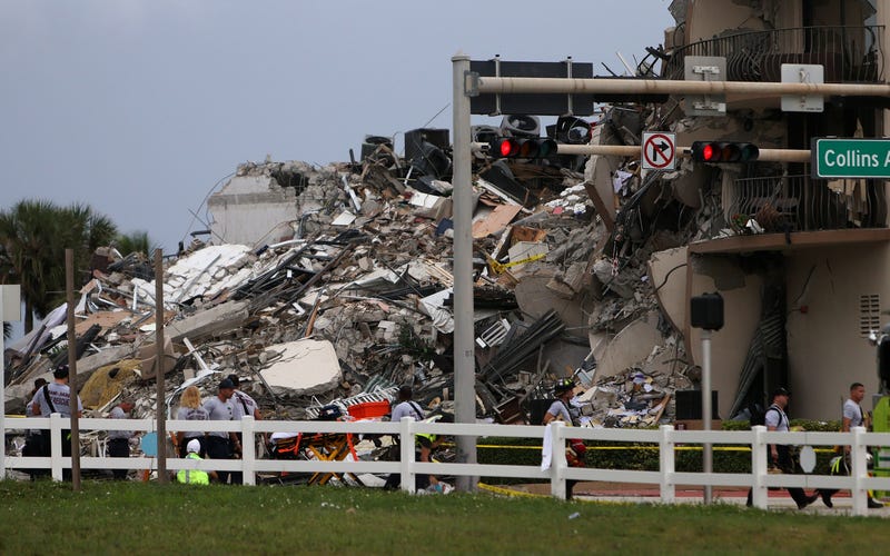 Rubble is piled high after the partial collapse of the 12-story Champlain Towers South condo building on June 24, 2021 in Surfside, Florida.