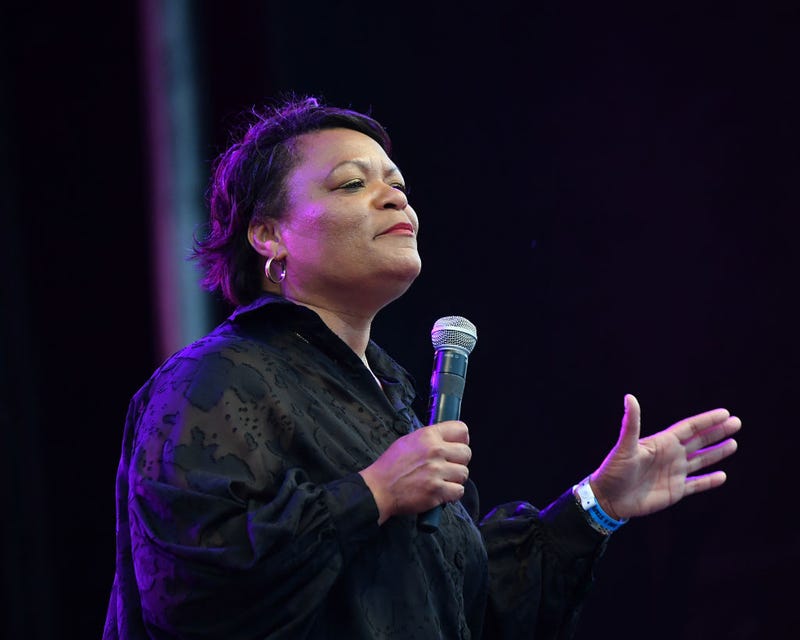 In this image released on June 26, Mayor LaToya Cantrell speaks onstage at the Evening Concert Series during the 2021 ESSENCE Festival Of Culture presented by Coca-Cola at University of New Orleans in New Orleans, Louisiana. (Photo by Paras Griffin/Getty Images)