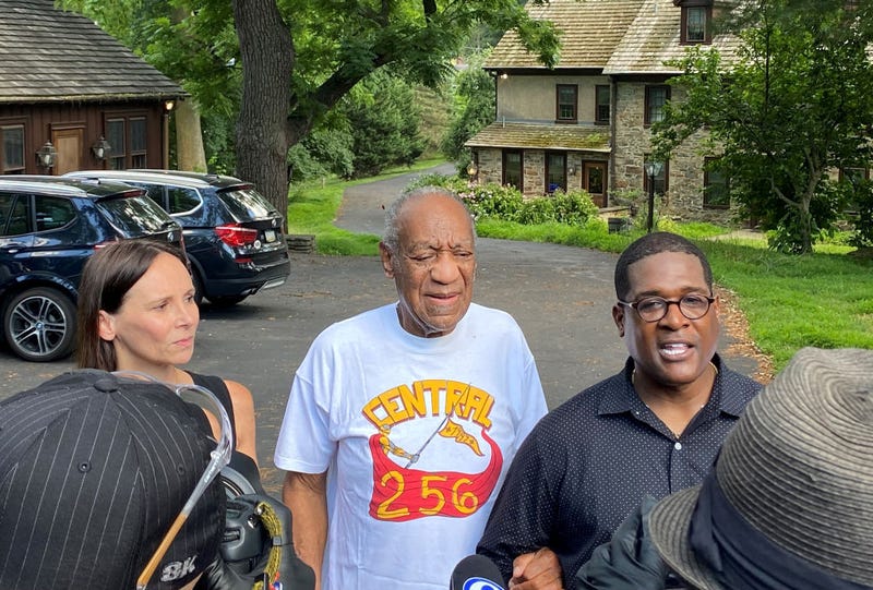 Attorney Jennifer Bonjean, Bill Cosby, and spokesperson Andrew Wyatt speak outside of Bill Cosby's home on June 30, 2021 in Cheltenham, Pennsylvania. 