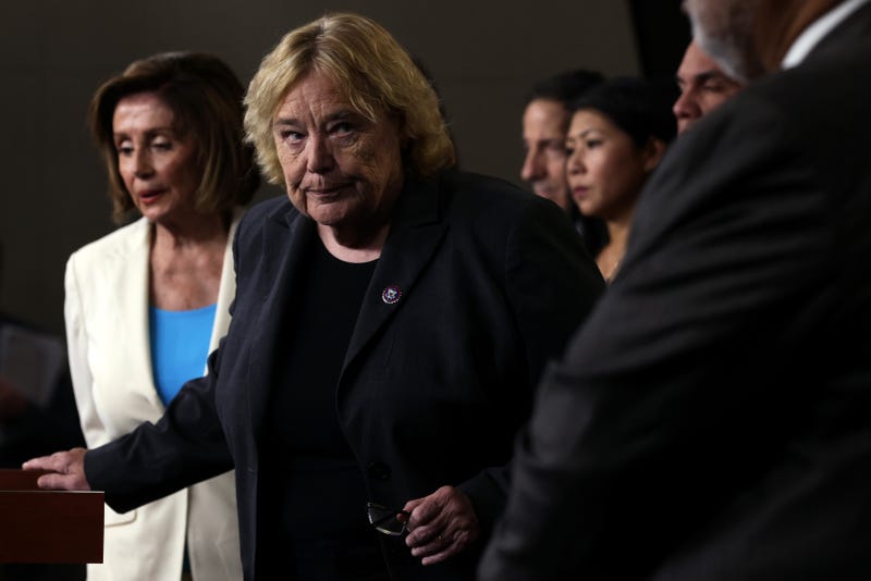 U.S. Rep. Zoe Lofgren (D-CA) (2nd L) speaks as Speaker of the House Rep. Nancy Pelosi (D-CA) (L) listens during a weekly news conference at the U.S. Capitol July 1, 2021 in Washington, DC.