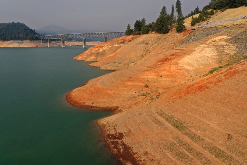  In an aerial view, low water levels are visible at Shasta Lake on July 02, 2021 in Redding, California.