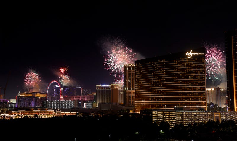 Fireworks go off over the Las Vegas Strip