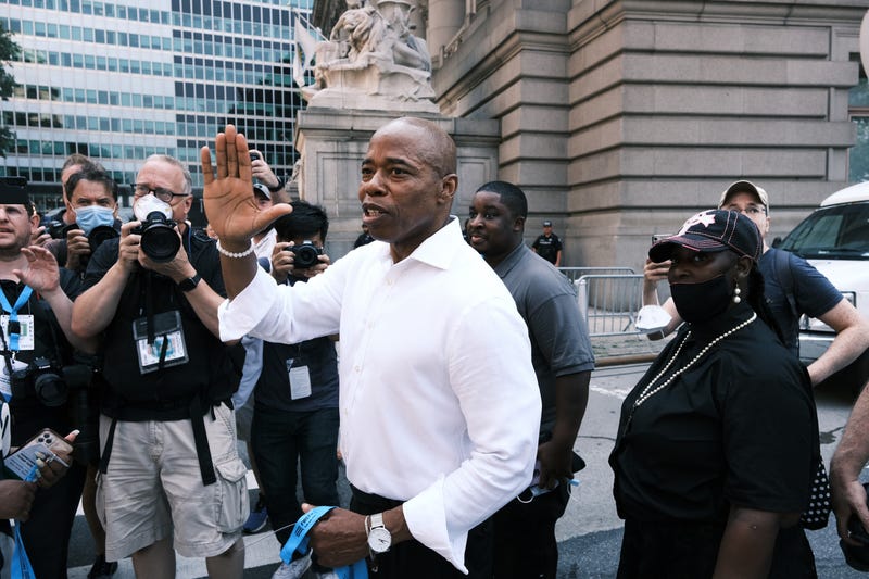 Democratic mayoral nominee Eric Adams joins hundreds of police, fire, hospital, and other first responder workers in a ticker-tape parade along the Canyon of Heroes to honor the essential workers who helped navigate New York through Covid-19 on July 07, 2021 in New York City