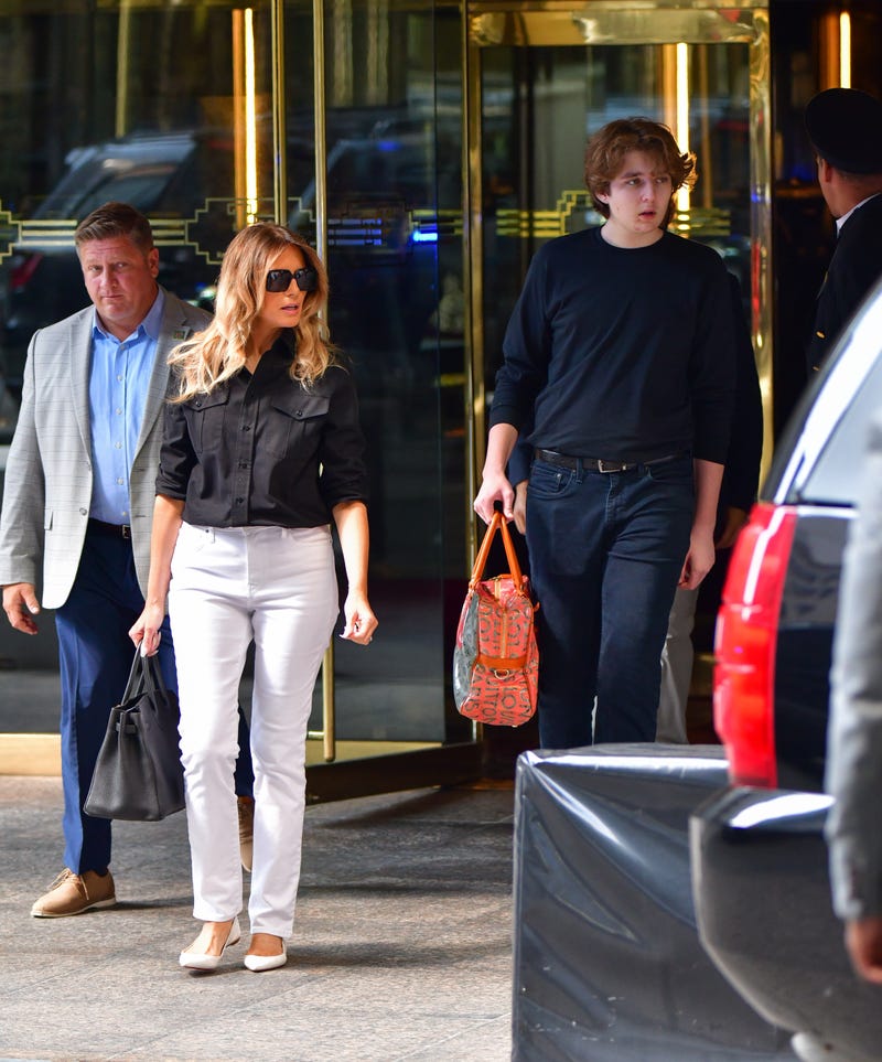 Former U.S. First Lady Melania Trump and son Barron Trump leave Trump Tower in Manhattan on July 07, 2021 in New York City.