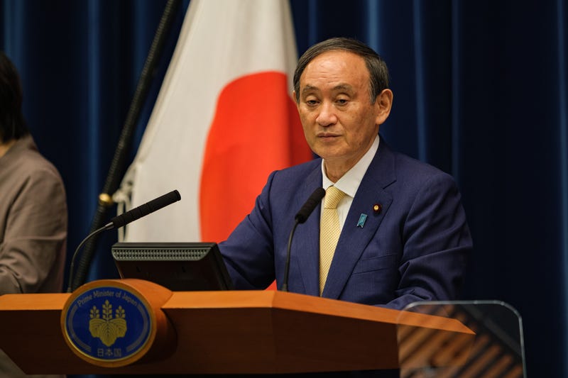 Japan's Prime Minister Yoshihide Suga speaks during a press conference at the prime minister's official residence on July 08, 2021 in Tokyo, Japan.