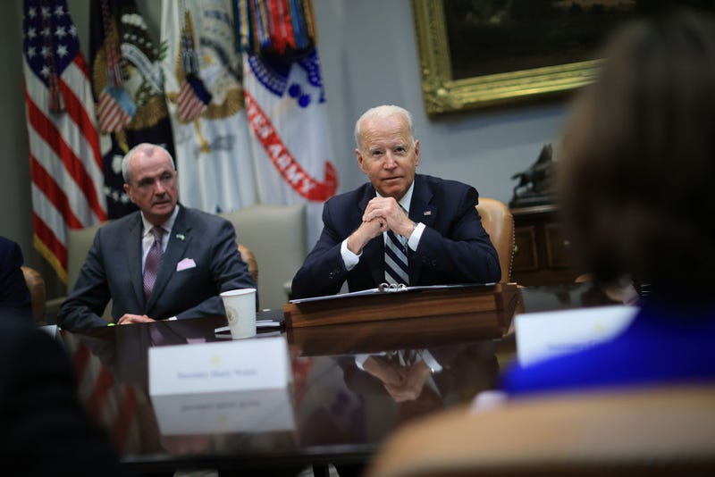 U.S. President Joe Biden meets with a bipartisan group of city and state political leaders, including New Jersey Governor Phil Murphy (L), about his proposed infrastructure plan in the Roosevelt Room at the White House on July 14, 2021 in Washington, DC.