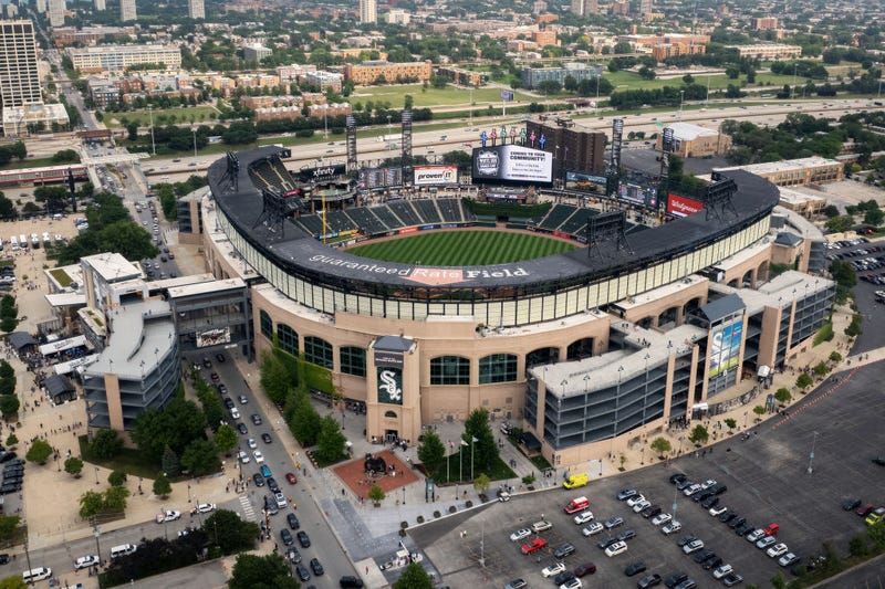 A general overview of Guaranteed Rate Field is seen in this aerial view prior to the game between the Houston Astros and the Chicago White Sox at Guaranteed Rate Field on July 17, 2021 in Chicago, Illinois.