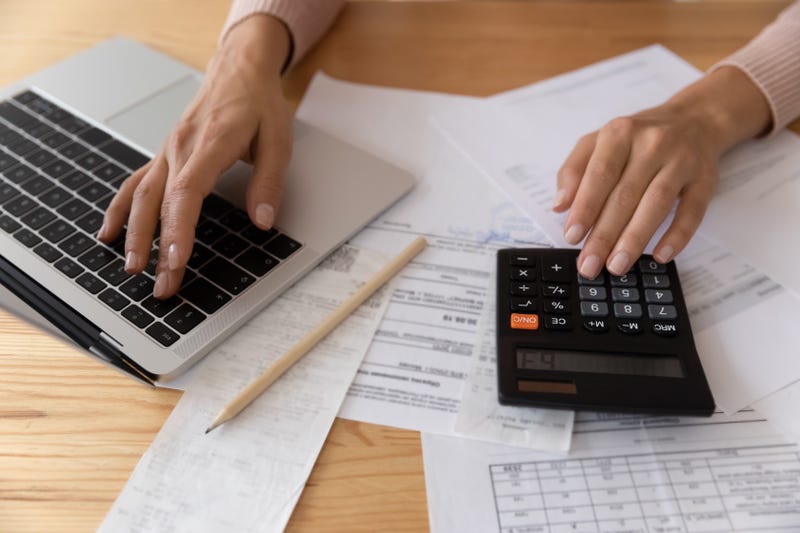 Close up young woman using computer software application, checking financial data, calculating domestic household expenditures, managing budget, planning investment or paying taxes bills online.