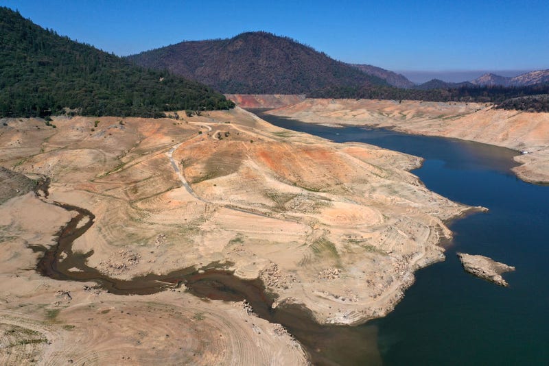In an aerial view, low water levels are visible at Lake Oroville on July 22, 2021, in Oroville, California.