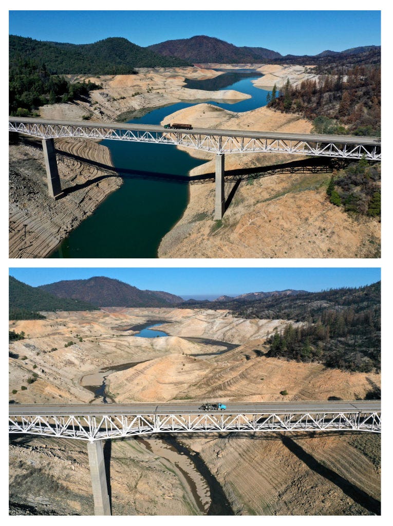 Effects of California severe drought on Lake Oroville in Butte County, comparing April 27, 2021 to July 22, 2021 prior to the closure of the Hyatt Powerplant.