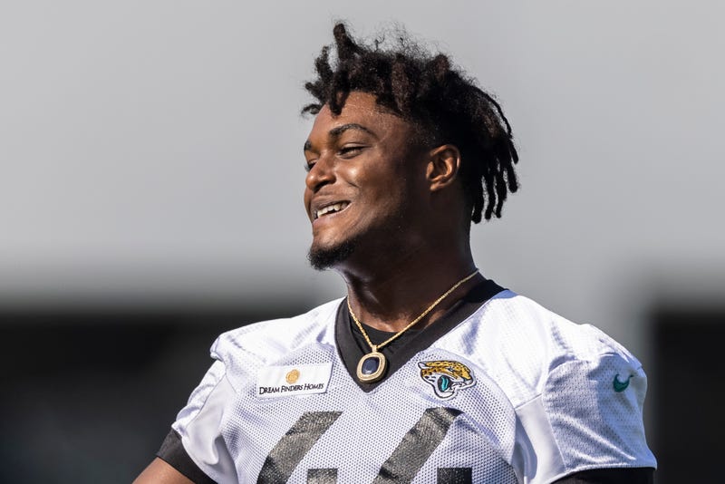 Myles Jack #44 of the Jacksonville Jaguars looks on during training camp at TIAA Bank Field on July 28, 2021 in Jacksonville, Florida. (Photo by James Gilbert/Getty Images)