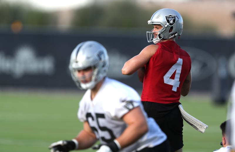Derek Carr #4 of the Las Vegas Raiders prepares to pass during training camp at the Las Vegas Raiders Headquarters/Intermountain Healthcare Performance Center on July 28, 2021 in Henderson, Nevada