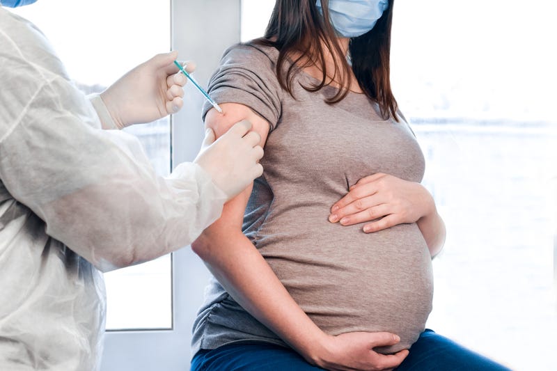 Pregnant woman getting vaccinated stock photo. 