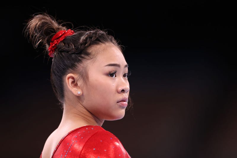 Sunisa Lee of Team United States looks on during warm-ups prior to the Women's Balance Beam Final on day eleven of the Tokyo 2020 Olympic Games at Ariake Gymnastics Centre on August 03, 2021 in Tokyo, Japan.