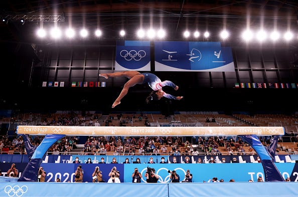 Simone Biles of Team United States competes in the Women's Balance Beam Final on day eleven of the Tokyo 2020 Olympic Games at Ariake Gymnastics Centre on August 03, 2021 in Tokyo, Japan.