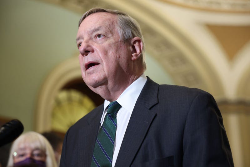 Senate Majority Whip Richard Durbin (D-IL) speaks at a news conference with Senate Democratic Leadership at the Capitol Building on August 03, 2021 in Washington, DC. The Senate has moved on to the amendments process this week for the legislative text of the $1 trillion infrastructure bill, which aims to fund improvements to roads, bridges, dams, climate resiliency and broadband internet.