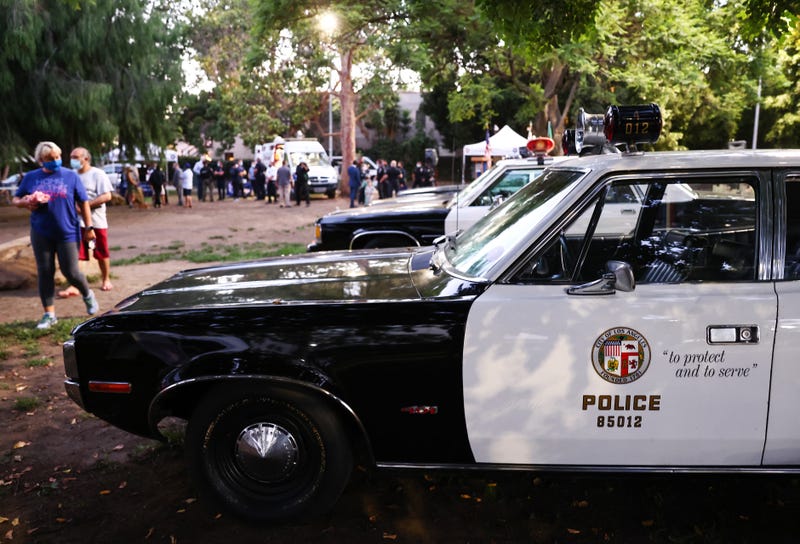 Vintage Los Angeles Police Department (LAPD) vehicles are displayed during a National Night Out event hosted by Melrose Action on August 03, 2021 in Los Angeles, California. 