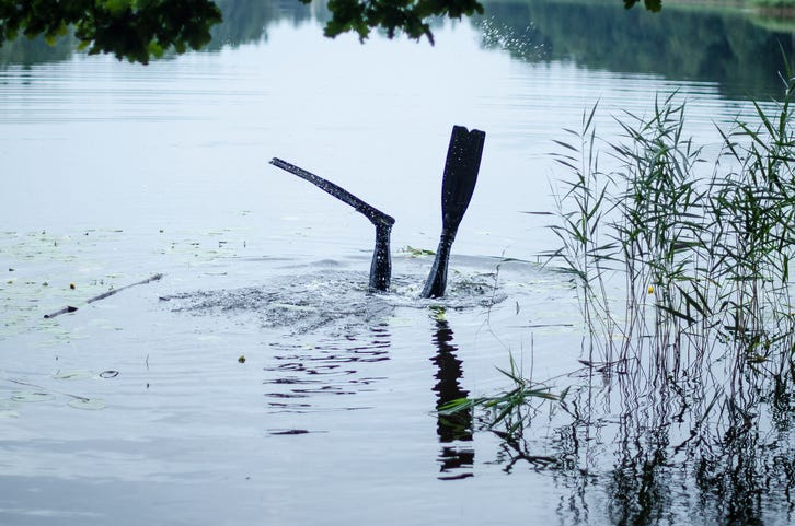 Scuba diver's feet in water.