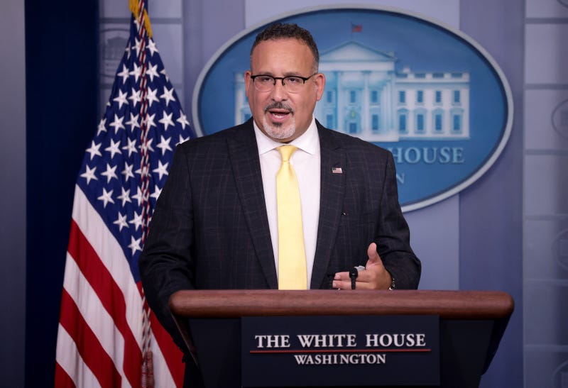 Secretary of Education Dr. Miguel Cardona answers questions during the daily briefing at the White House August 5, 2021 in Washington, DC. 