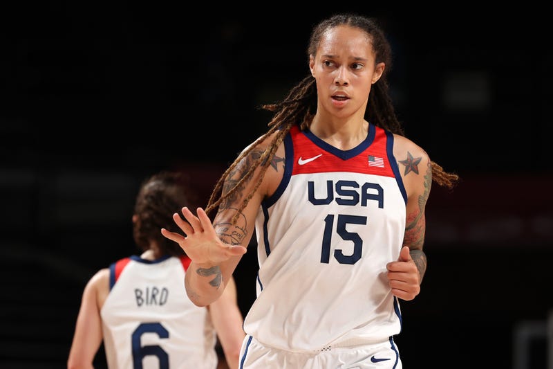 Brittney Griner #15 of Team United States reacts during the first half of the Women's Basketball final game between Team United States and Team Japan on day sixteen of the 2020 Tokyo Olympic games at Saitama Super Arena on August 08, 2021 in Saitama, Japan.