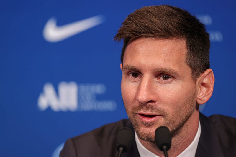 Lionel Messi answers journalists during the press conference of Paris Saint-Germain at Parc des Princes on August 11, 2021 in Paris, France. 