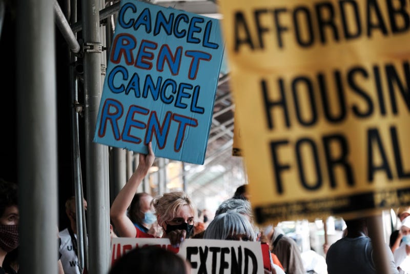 Activists hold a protest against evictions near City Hall on August 11, 2021 in New York City.