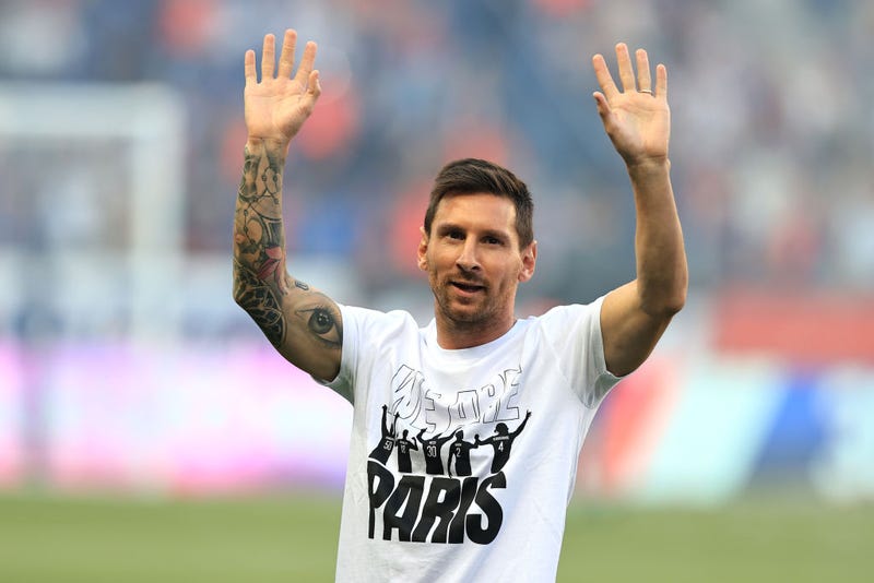 Lionel Messi of Paris Saint-Germain is introduced to the fans prior to the Ligue 1 Uber Eats match between Paris Saint Germain and Strasbourg at Parc des Princes on August 14, 2021 in Paris, France.