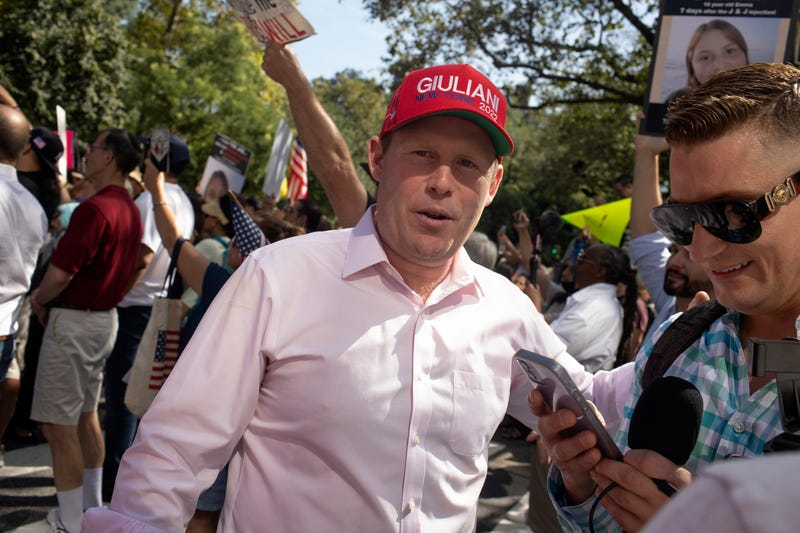 New York Republican gubernatorial candidate Andrew Giuliani joins a rally of people opposed to any and all COVID-19 vaccine and mask mandates from the government on August 15, 2021 outside of Gracie Mansion in New York City, New York.