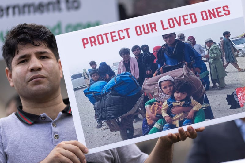 : A group of former interpreters for the British and allied forces in Afghanistan gather on Parliament Square to protest on August 18, 2021 in London, United Kingdom.