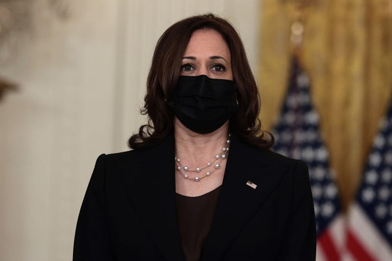 U.S. Vice President Kamala Harris listens as U.S. President Joe Biden gestures as delivers remarks on the U.S. military’s ongoing evacuation efforts in Afghanistan from the East Room of the White House on August 20, 2021 in Washington, DC.