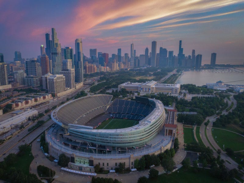 In an aerial view, Soldier Field is seen before a pre-season game between the Chicago Bears and the Buffalo Bills at Soldier Field on August 21, 2021 in Chicago, Illinois. 