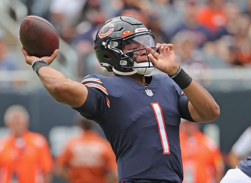 Justin Fields #1 of the Chicago Bears passes against the Buffalo Bills during a preseason game at Soldier Field on August 21, 2021 in Chicago, Illinois. The Bills defeated the Bears 41-15.