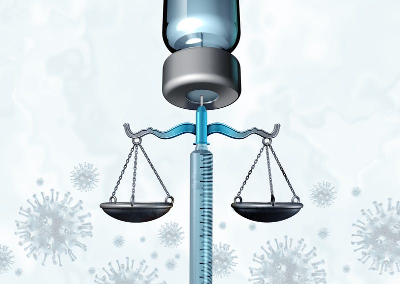 Vaccination mandate policy and Vaccine mandates law and regulations concept as a syringe or needle representing medical law and government legislation for mandating preventative infection medicine with 3D render elements.