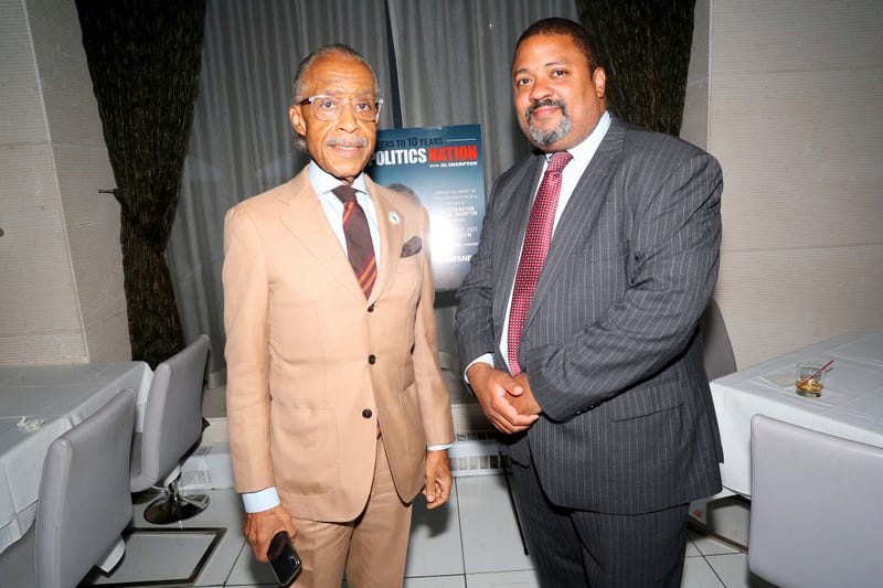 Al Sharpton (L) and Alvin Bragg celebrate a decade of "PoliticsNation With Al Sharpton" on August 24, 2021 in New York City. 