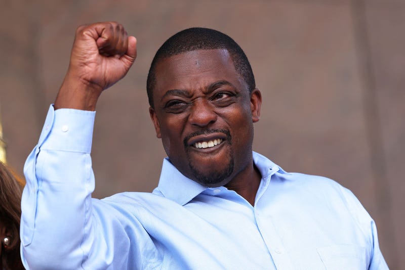 tate Senator Brian Benjamin pumps his fist as he celebrates during a press conference announcing him as Lt. Governor on August 26, 2021 in New York City. S