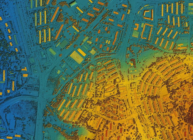 digital map of urban area showing grades of colors for heights of buildings