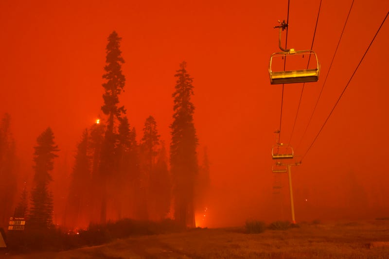 A chairlift at Sierra-at Tahoe ski resort sits idle as the Caldor Fire moves through the area on August 30, 2021 in Twin Bridges, California.