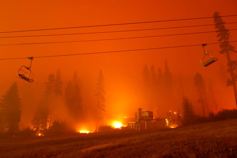 A chairlift at Sierra-at Tahoe ski resort sits idle as the Caldor Fire moves through the area on August 30, 2021 in Twin Bridges, California.