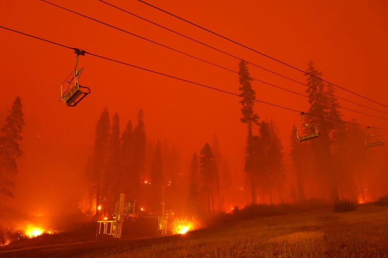 A chairlift at Sierra-at Tahoe ski resort sits idle as the Caldor Fire moves through the area on August 30, 2021 in Twin Bridges, California.