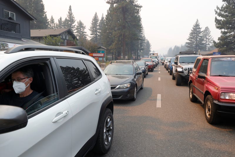 Traffic backs up on Highway 50 as people evacuate ahead of the Caldor Fire in South Lake Tahoe.