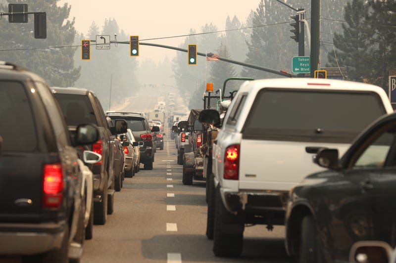 Traffic backs up on Highway 50 as people evacuate ahead of the Caldor Fire on August 30, 2021 in South Lake Tahoe, California.