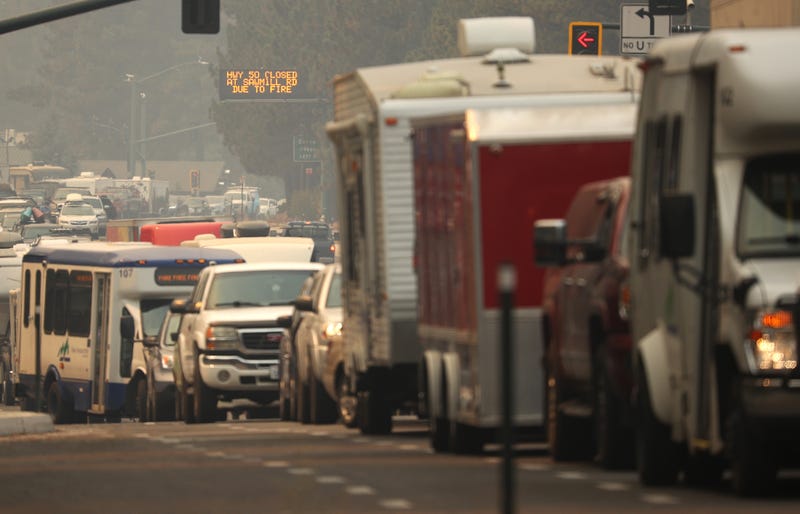 Traffic backs up on Highway 50 as people evacuate ahead of the Caldor Fire in South Lake Tahoe.