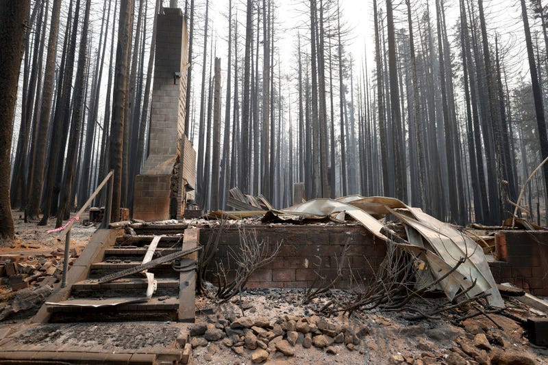 A chimney remains a home that was destroyed by the Caldor Fire on September 1, 2021 in Twin Bridges, California.