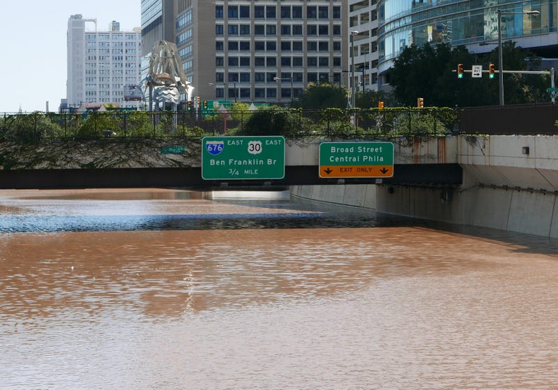 Water floods the Vine Street Expressway on September 2, 2021.