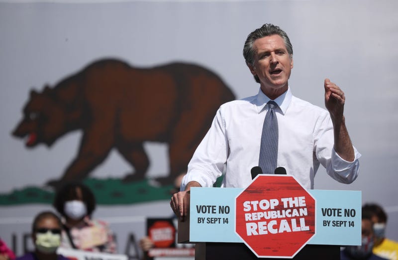 California Gov. Gavin Newsom speaks during a No on the Recall campaign event with U.S. Vice President Kamala Harris at IBEW-NECA Joint Apprenticeship Training Center on September 08, 2021 in San Leandro, California. A new poll shows that Newsom and the effort to defeat the recall has gained substantial support in the days leading up to the election.