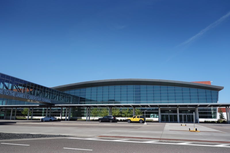 The front entrance of the James Oberstar Terminal at the Duluth International Airport.