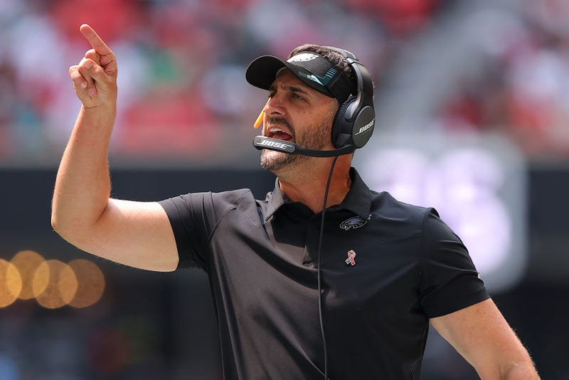 ATLANTA, GEORGIA - SEPTEMBER 12: Head coach Nick Sirianni of the Philadelphia Eagles reacts during the game against the Atlanta Falcons at Mercedes-Benz Stadium on September 12, 2021 in Atlanta, Georgia. (Photo by Kevin C. Cox/Getty Images)