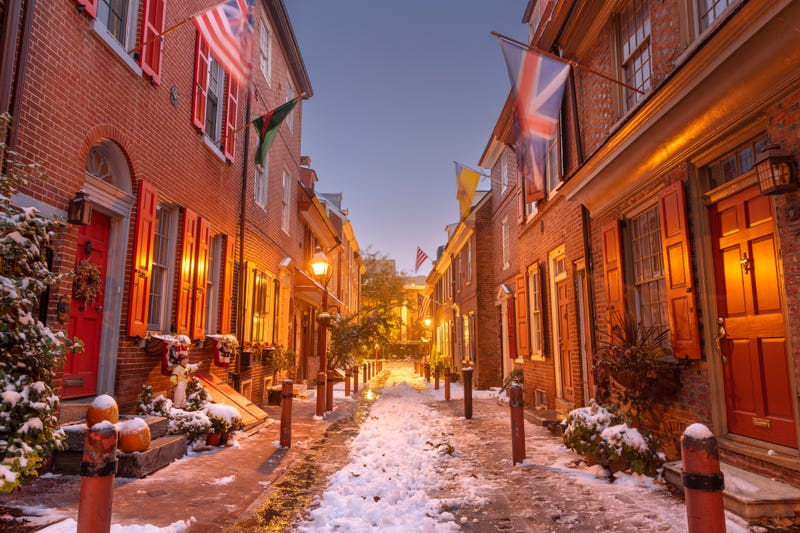 Elfreth's Alley in winter at twilight in Philadelphia, Pennsylvania.