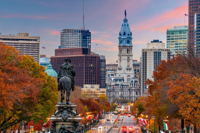 A view towards Philadelphia City Hall down Benjamin Franklin Parkway.